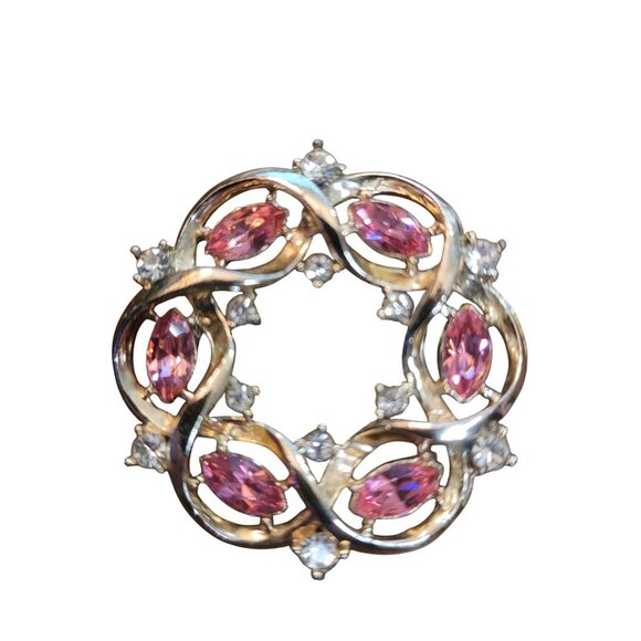 Vintage Gold-Tone Wreath Brooch With Pink & Clear Rhinestones - Picture 10 of 10